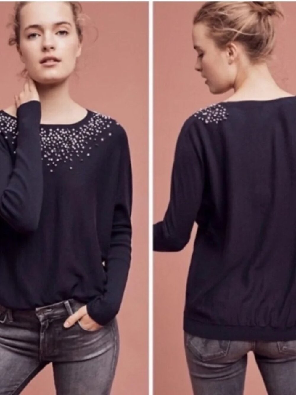 Angel of the North Knotted Confetti Pullover Sweater Med Navy Blue Anthropologie